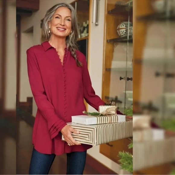 Soft Surroundings Moroccan Red Poet Button Up Blouse Ruffle Sleeve Women’s Small - Picture 2 of 13